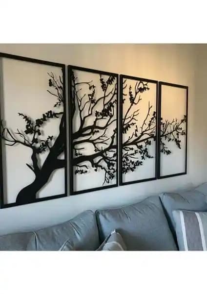 Leylaser Son Bahar Siyah 4’lü Hayat Ağacı Ahşap Tablo Modern İç Mekan Dekorasyonu İçin