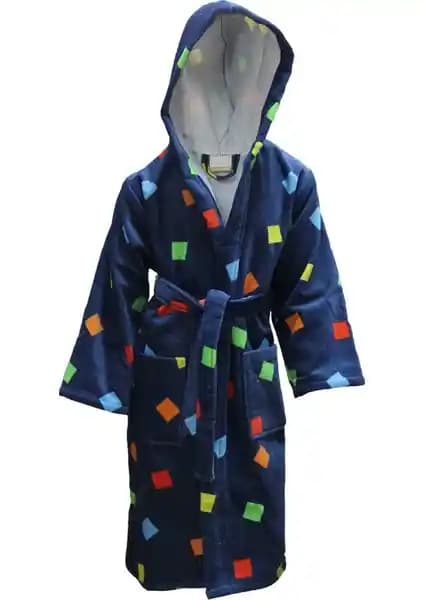 Lucy and Home Kadife Pamuk Karışımlı Geometrik Baskılı Çocuk Bornozu 7-8 Yaş için