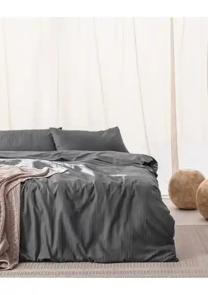 Madame Coco Adrien Tek Kişilik Pamuklu Çizgili Nevresim Takımı Koyu Gri Modern Tasarım