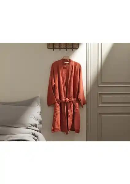 Madame Coco Zoe Müslin Unisex Bornoz Kiremit Renk Hafif ve Yüksek Emicilik Özelliğiyle