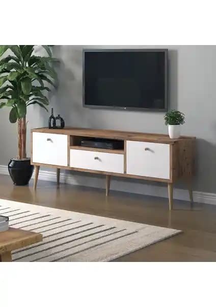 Mbes Mobilya Beyza Ahşap Ayaklı 140 cm Atlantik Beyaz TV Sehbası Modern ve Fonksiyonel Tasarım