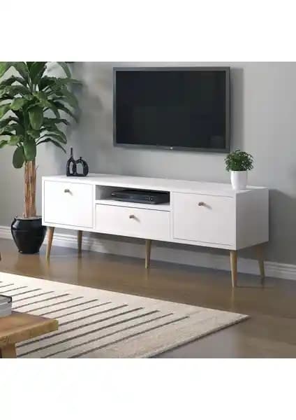 Mbes Mobilya Beyza Serisi 140 cm Beyaz Ahşap Ayaklı TV Sehbası Modern Tasarım