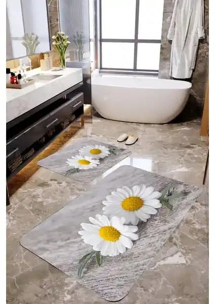 Mekta Home 3 Boyutlu Papatya Desenli Banyo Paspas Takımı Sağlık ve Estetiği Bir Arada Sunar
