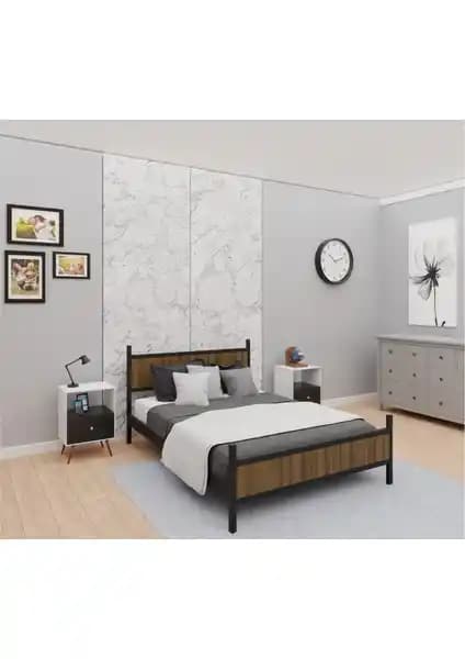 Metalia GM 305 Modern Çift Kişilik Ahşap Metal Siyah Ceviz Yatak - Dayanıklı ve Şık Tasarım