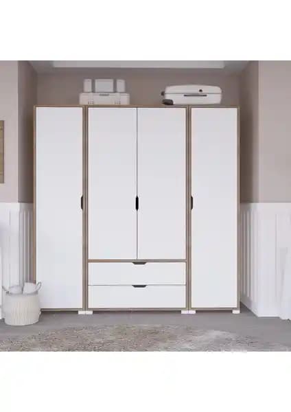 Midoser Mat Beyaz Keçe Modern Gardrop 4 Kapı ve 2 Çekmeceli Şık Tasarım