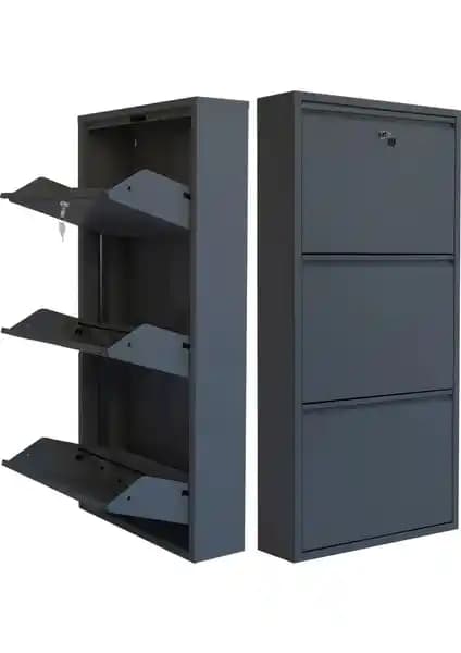 Mobilya Pratik Kilitli 3'lü Metal Ayakkabılık Antrasit Renkli Modern Tasarım