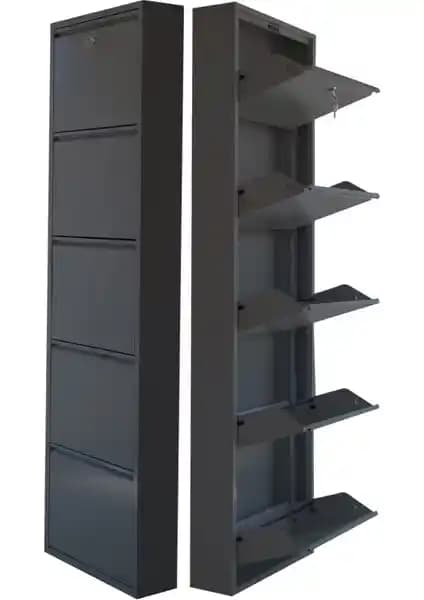 Mobilya Pratik Kilitli 5'li Metal Ayakkabılık Antrasit Renkli Dayanıklı ve Şık Tasarım