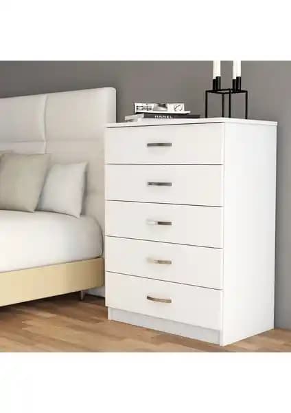 Modern Beyaz Şifonyer 5 Çekmeceli Depolama Mobilyası, Şık ve Kullanışlı Tasarım