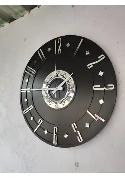 Modern Siyah Ahşap Dekoratif Duvar Saati 50 cm Çapında Şık Tasarım