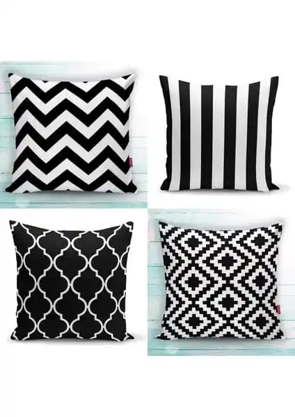 Modern Siyah Beyaz 4'lü Kırlent Kılıfı Seti ile Şık ve Dayanıklı Dekorasyon Çözümü