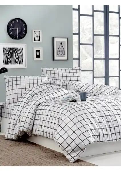 Modern ve Sağlıklı Uyku İçin Beyaz Kareli Pamuklu Genç Odası Nevresim Takımı