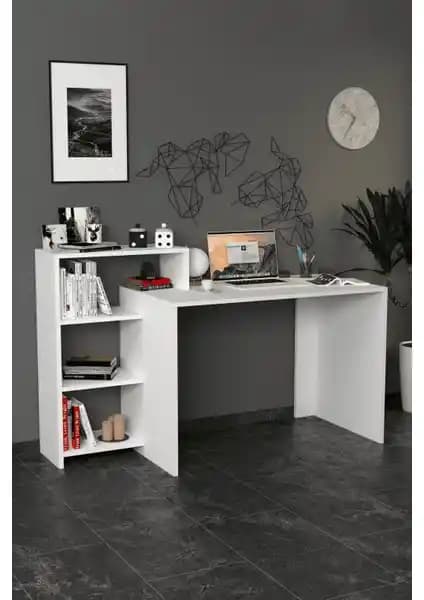Moonlife Ahsen Kitaplıklı Çalışma Masası Beyaz - Modern ve Dayanıklı Ofis ve Ev Kullanımı