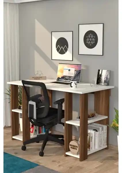 Moonlife Hipo Kitaplıklı Çalışma Masası Ceviz Renk Modern Ofis ve Ev Çalışma Alanları İçin