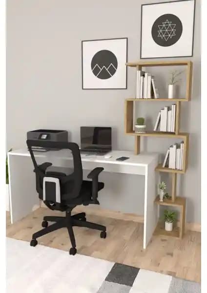 Moonlife Pratik Kitaplıklı Çalışma Masası Beyaz Çam Modern ve Fonksiyonel Tasarım
