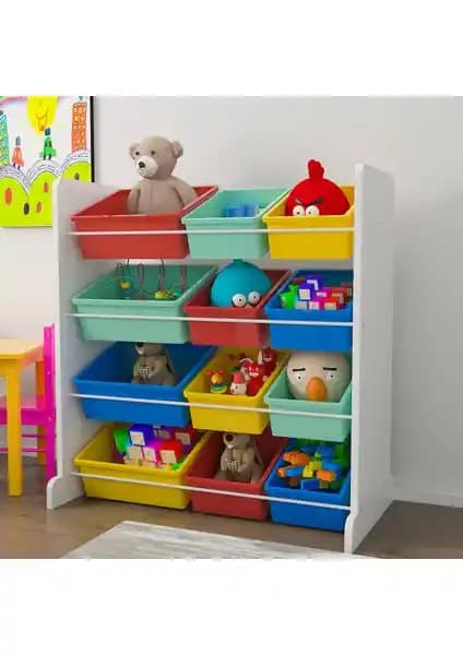 Mordeka Renkli 12 Sepetli Oyuncak Dolabı Çocuk Odası Düzeni ve Fonksiyonelliği Sağlar