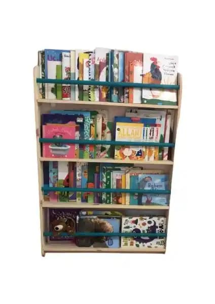 Mrt Ahşap Montessori Kitaplık Geniş Model Yuvarlak Çıtalar Doğal ve Güvenilir Depolama Çözümü