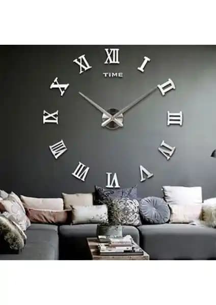 Mrv Dekor 3D Roma Rakamlı Gümüş Pleksi Duvar Saati Modern ve Şık Tasarım