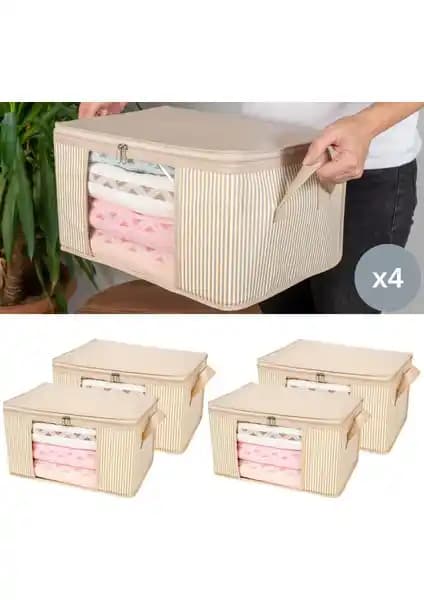 Nacarev 4 Adet Küçük Boy Pencereli Çizgi Desenli Krem Hurç Seti Ev ve Seyahat İçin Pratik Depolama Çözümü