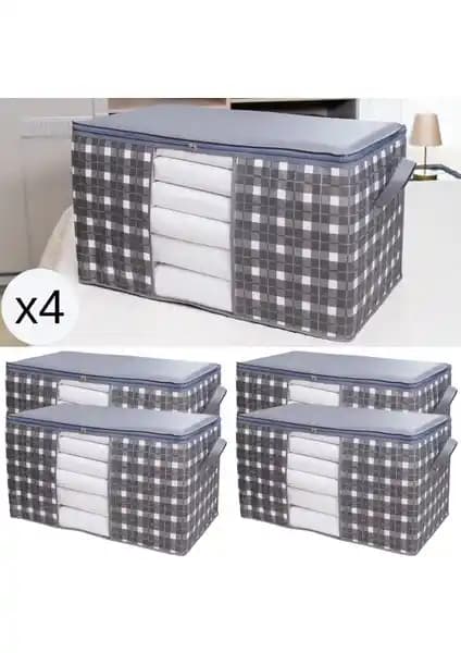 Nacarev 4 Adet Mega Boy Pencereli Kare Desenli Ekose Gri Saklama Hurç Seti