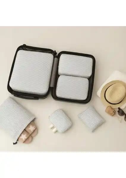 Nacarev 6'lı Antrasit Kare Ekose Desenli Valiz İçi Düzenleyici Seti Seyahat ve Ev Kullanımı İçin