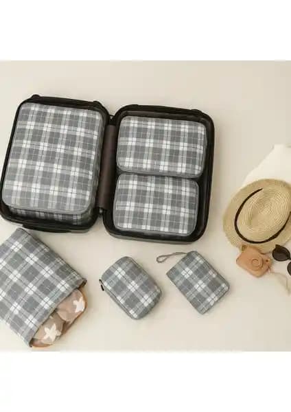 Nacarev 6'lı Gri Kare Ekose Desenli Valiz İç İçi Düzenleyici Seti Yüksek Kalite ve Çok Yönlü Kullanım