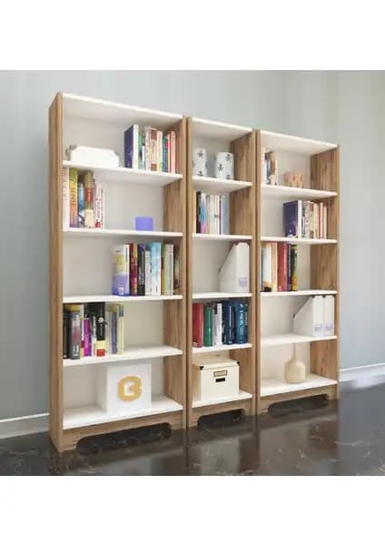 Nur Mobilya Atlantik Çam Beyaz 3'lü Kitaplık Seti Modern ve Şık Tasarım