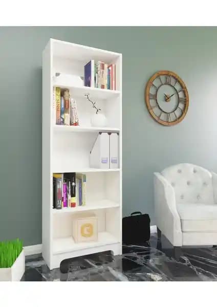 Nur Mobilya Eylül 5 Raflı Kitaplık Beyaz Modern ve Şık Depolama Çözümü 90 karakter