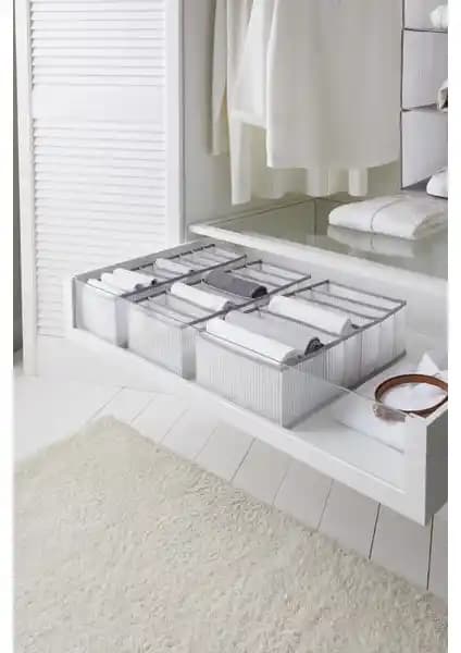 Ocean Home Textile 3'lü Organizer Seti Gri Çizgili Dolap ve Çekmece İçi Düzenleyici