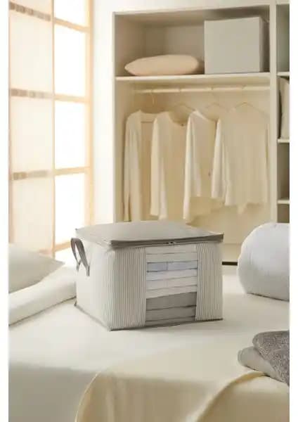 Ocean Home Textile Orta Boy Pencereli Hurç Gri Çizgili Kazak ve Yorgan Saklama Çözümü