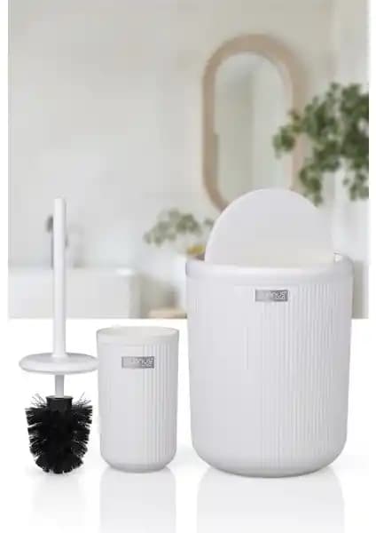 Okyanus Home Linea Beyaz Çizgili Yuvarlak 2'li WC Kova ve Fırça Seti ile Modern Banyo Tasarımı