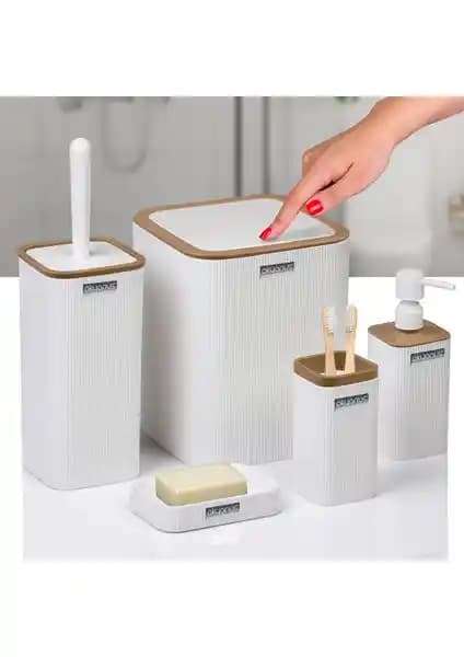 Okyanus Home Mina Due Beyaz Çizgili Kare 5'li Banyo Seti Modern ve Şık Tasarım Çözümü