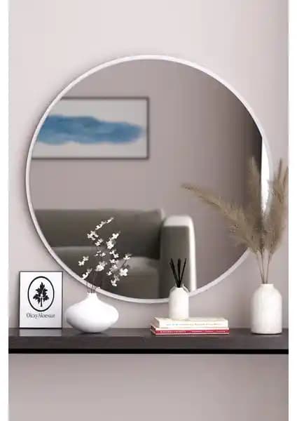 Olcay Aksesuar Beyaz Dekoratif 58CM Yuvarlak Ayna: Modern ve Dayanıklı Dekorasyon Parçası