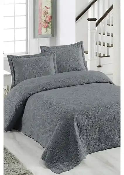 Örtüm Sarmaşık Çift Kişilik Düz Renk Yatak Örtüsü Füme Modern ve Şık Tasarım