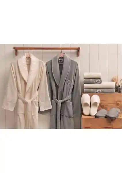 Özdilek Wedding Aile Bornoz Seti Gri Krem - Şık ve Konforlu Ev ve Plaj Kıyafeti