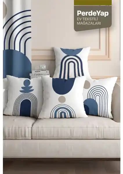 PerdeYap Beyaz Zemin Üzerine Lacivert Geometrik Desenli 4'lü Dijital Baskılı Kırlent Kılıfı
