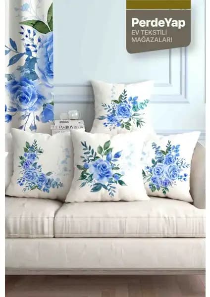 PerdeYap Mavi Güller Desenli Kadife ve Pamuklu Kırlent Kılıfı 43x43 cm Şık ve Dayanıklı