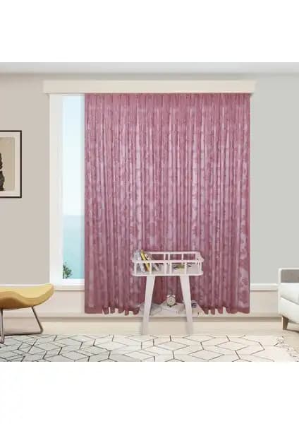 Perhal Damaks Osmanlı Desen Pembe-Gül Kurusu Örme Tül Perde Dekorasyonda Zarif ve Dayanıklı Seçenek