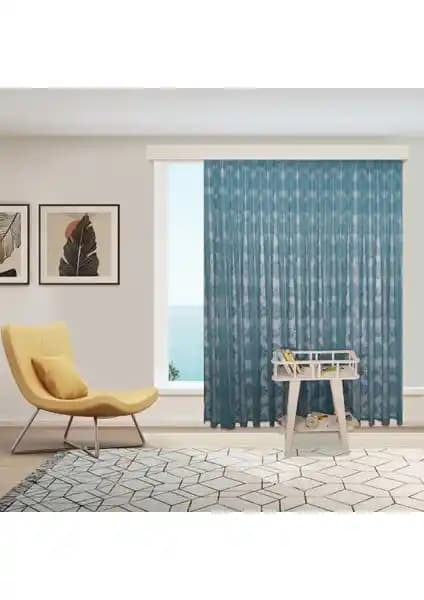 Perhal Damaks Osmanlı Desen Tül Perde Petrol Mavisi ve Turkuaz Renklerde