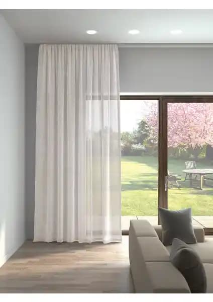Perle Krem Renk Keten Görünümlü Düz Tül Perde: Modern ve Dayanıklı İç Mekan Dekorasyonu