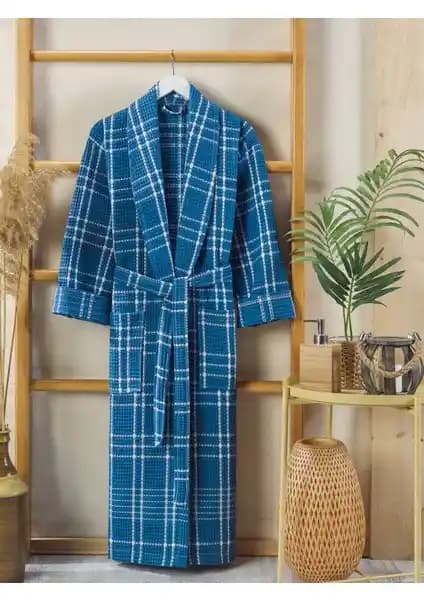 Philippus Yazlık Ekose Erkek Bornoz Mavi Şal Yaka Konfor ve Şıklık Sunar