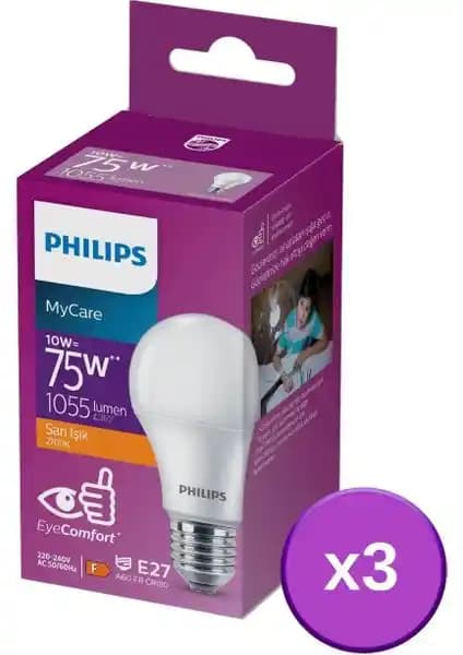Philips LED 10-75W Ampul 2700K Sarı Işık 3'lü paket evde sıcak ve enerji tasarruflu atmosfer sağlar