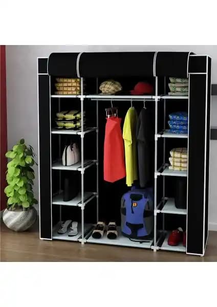 PORMET Çift Yandan Raflı Siyah Bez Dolap Modern Tasarım ve Geniş Depolama Alanı