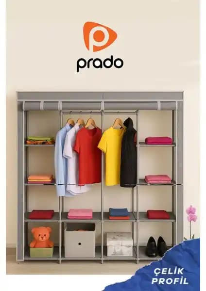 Prado Tokyo Çok Raflı Çelik Profilli Bez Dolap Gri Modern Depolama Çözümü
