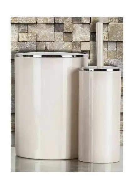 Primanova Lenox Bej Çöp Kovası ve Klozet Fırçası Seti Modern ve Dayanıklı Banyo Çözümü