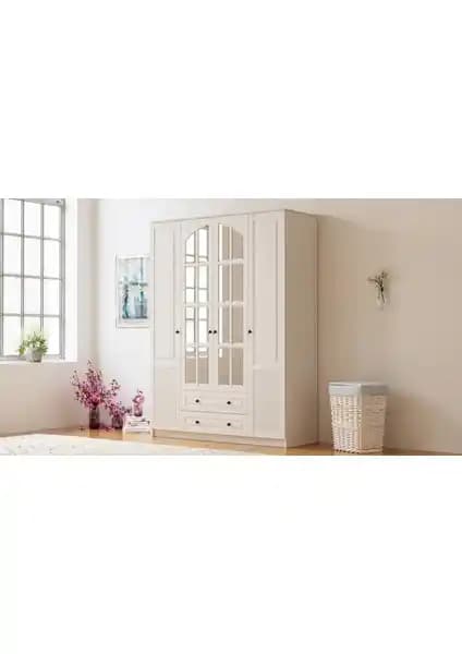 Rabi Mobilya Izel Country 4 Kapak 2 Çekmeceli Gardırop Modern ve Rustik Tasarımın Buluşması