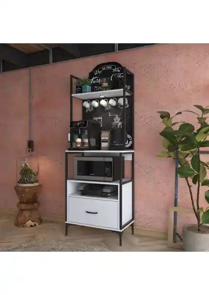 Rani JE155 Işıklı Kahve Köşesi Çekmeceli Mutfak Dolabı Beyaz Modern Tasarım