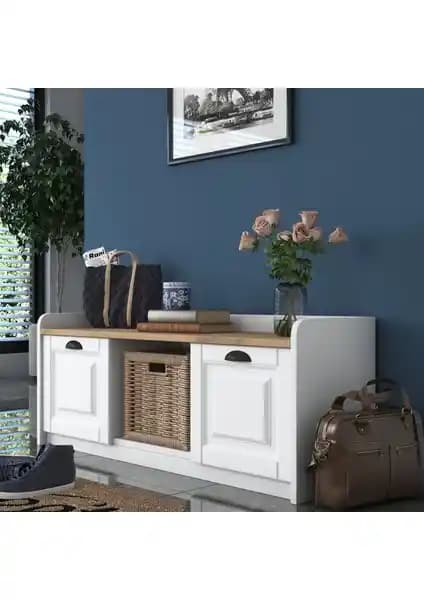 Rani P2 Modern Ayakkabılık Beyaz ve Ceviz Detaylarıyla Şık ve Fonksiyonel Tasarım