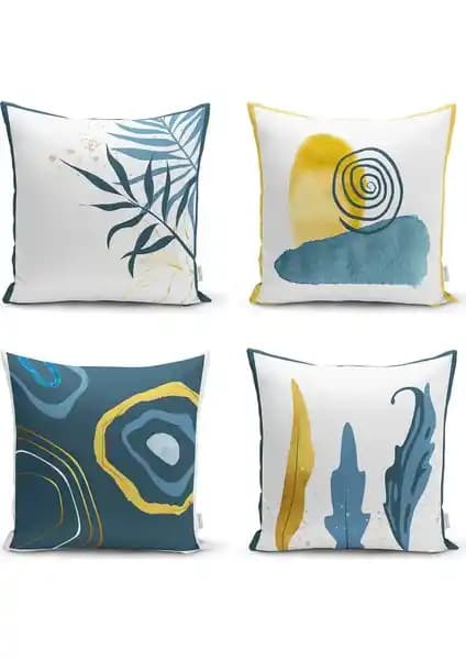 RealHomes 4'lü Renkli Zemin Üzerinde Gold Detaylı Yaprak Desenli Modern Yastık Kırlent Kılıf Seti