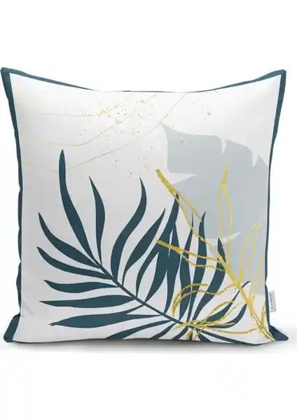RealHomes Beyaz Zeminde Yaprak Desenli Dijital Baskılı Modern Kırlent Kılıfı 43x43 cm