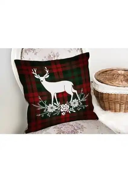 RealHomes Ekose Zeminde Yılbaşı Geyik Temalı Dijital Baskılı Yastık Kılıfı